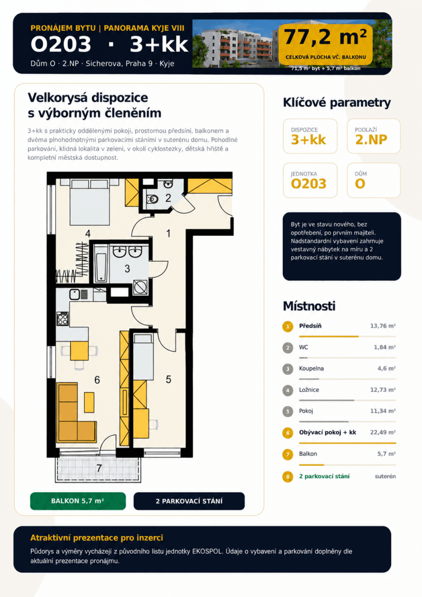 Prenájom bytu 3-izbový 77 m², Sicherova, Praha, Praha Prenájom bytu 3-izbový 77 m², Sicherova, Praha, Praha