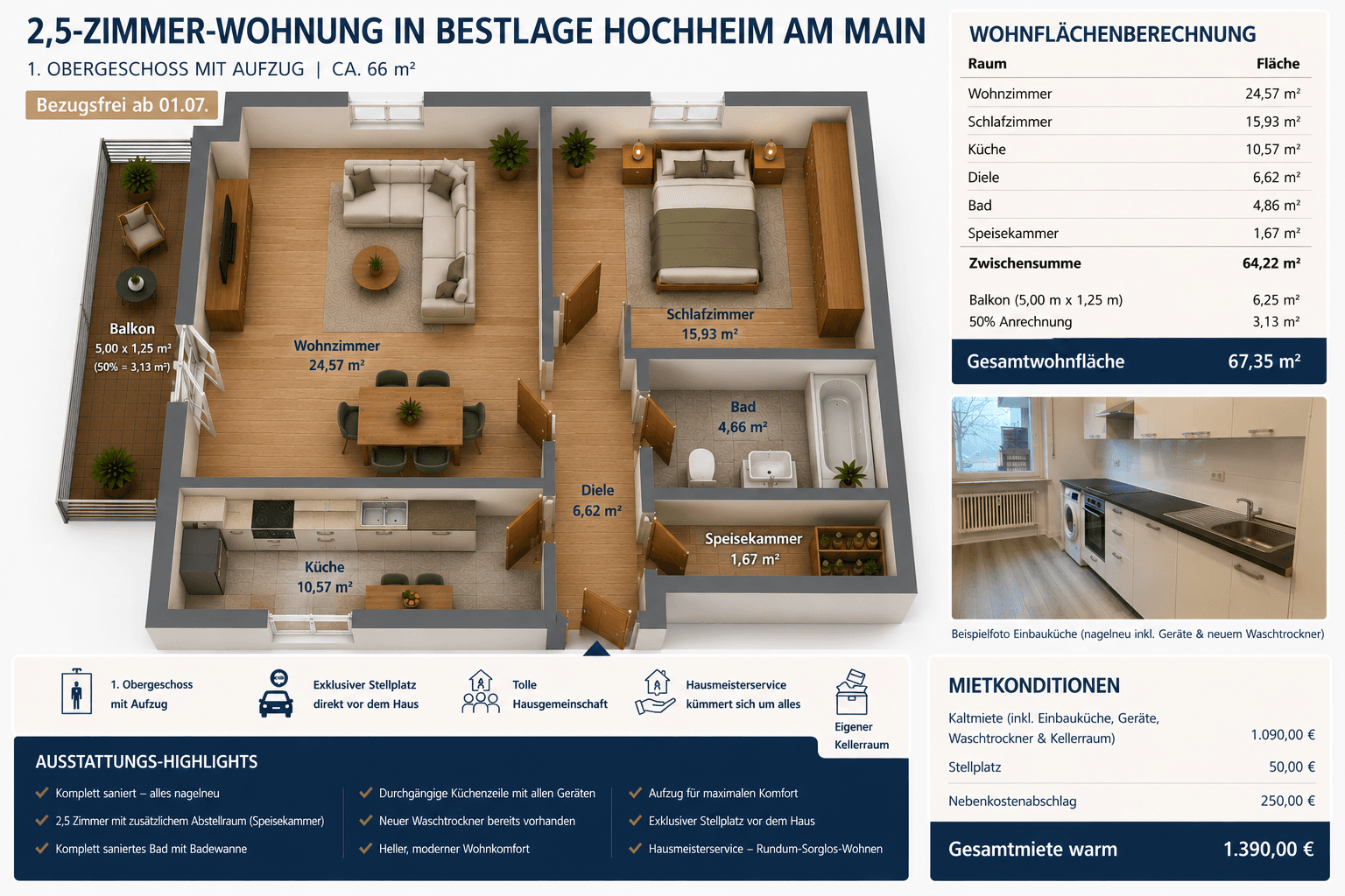Prenájom bytu 2-izbový 67 m², Hochheim, Hesensko Prenájom bytu 2-izbový 67 m², Hochheim, Hesensko