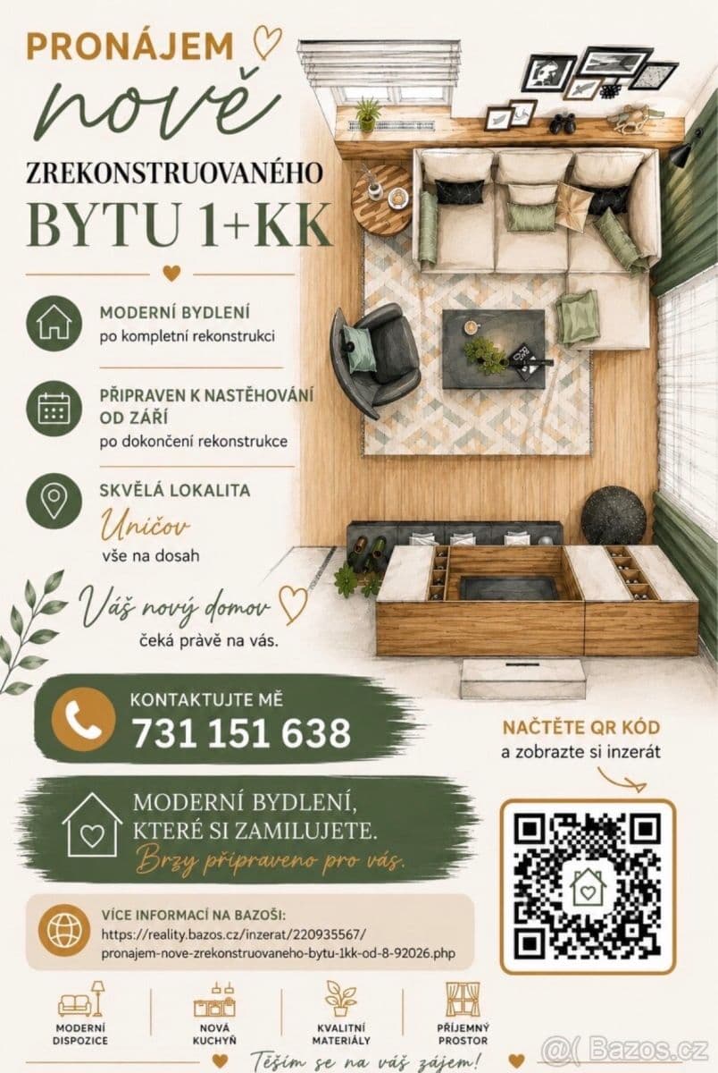 Prenájom bytu 1-izbový 23 m², Bratří Čapků, Uničov, Olomoucký kraj Prenájom bytu 1-izbový 23 m², Bratří Čapků, Uničov, Olomoucký kraj
