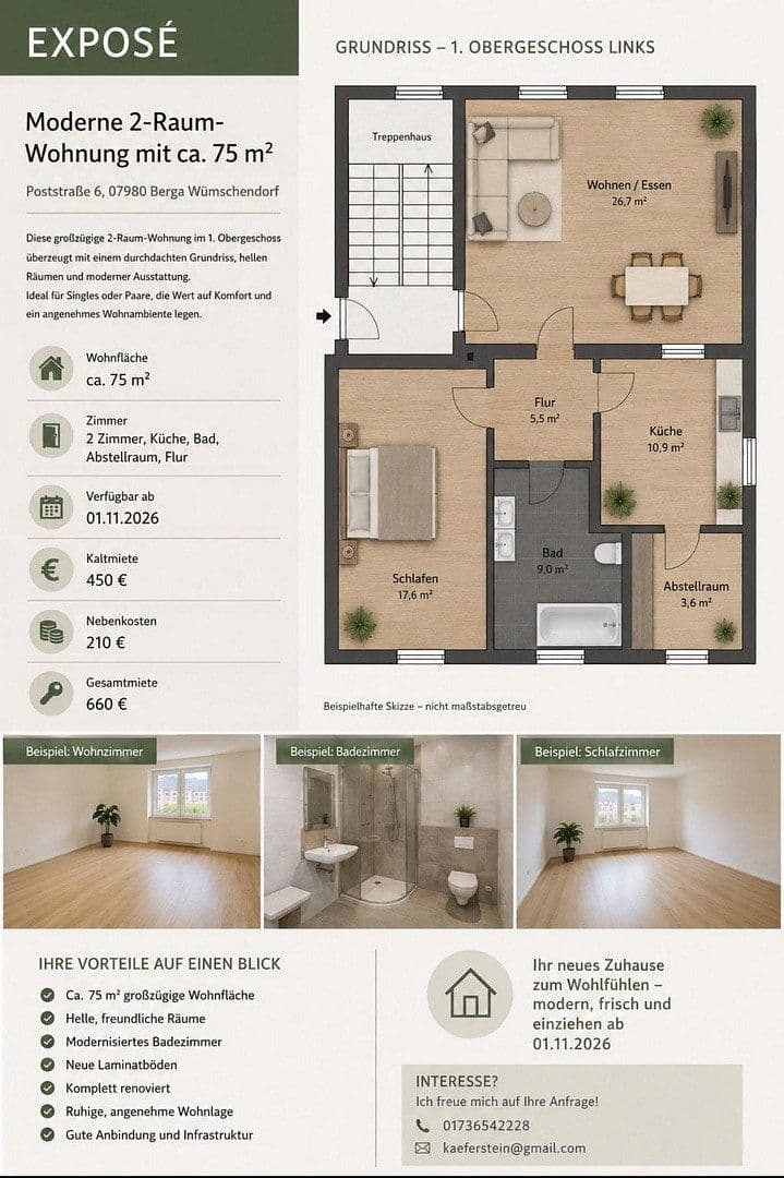 Prenájom bytu 3-izbový 75 m², Poststraße 6, Berga-Wünschendorf, Durínsko Prenájom bytu 3-izbový 75 m², Poststraße 6, Berga-Wünschendorf, Durínsko