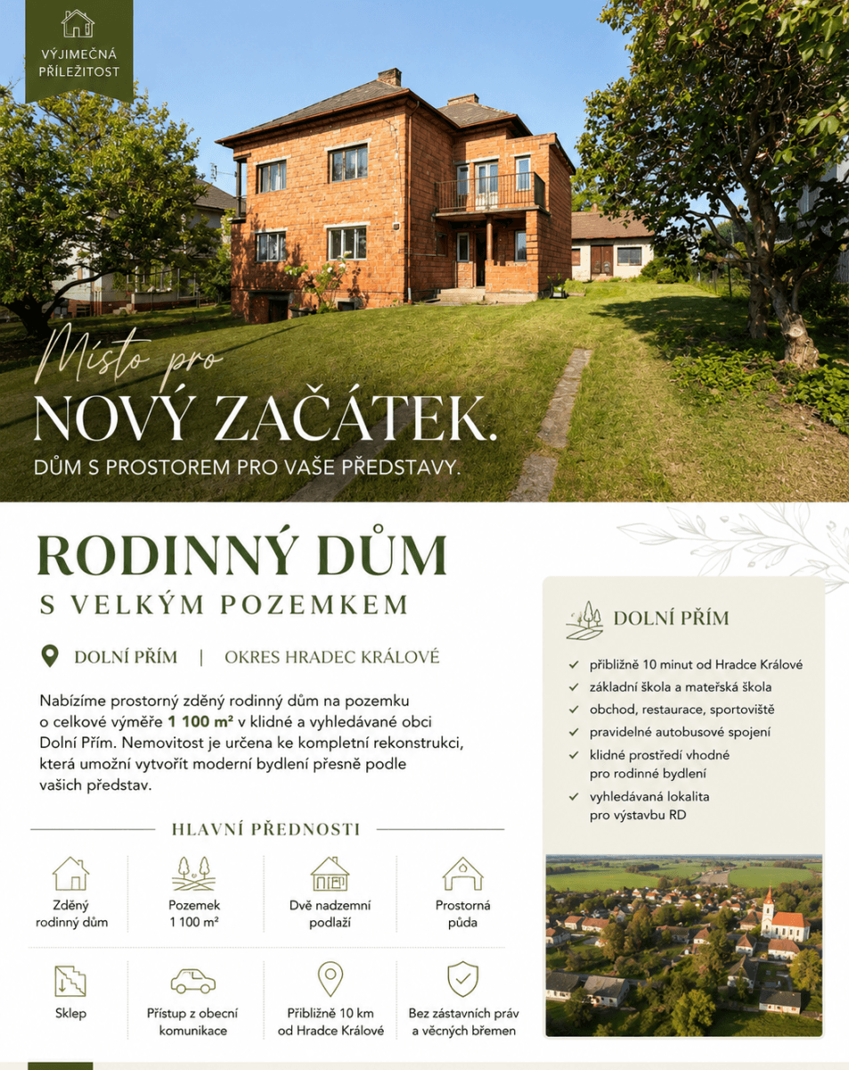 Predaj domu 220 m², pozemok 1.100 m², Dolní Přím, Královéhradecký kraj Predaj domu 220 m², pozemok 1.100 m², Dolní Přím, Královéhradecký kraj