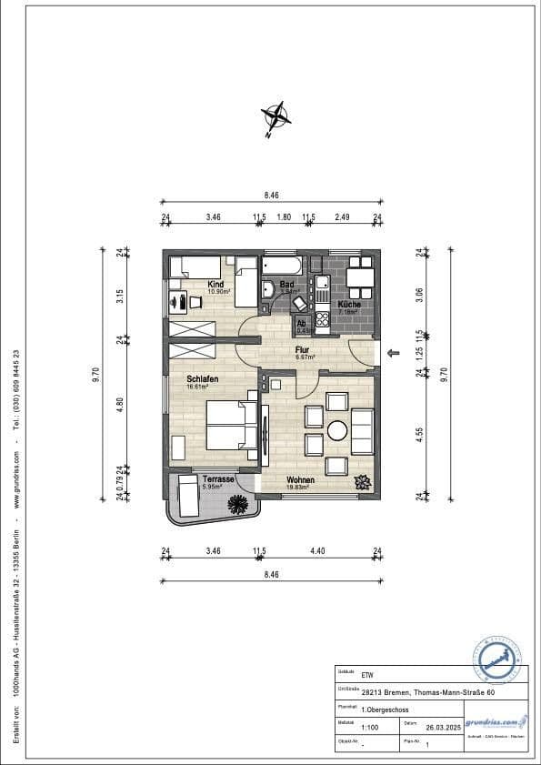 Prenájom bytu 3-izbový 69 m², Thomas-Mann-Str., Bremen, Brémy Prenájom bytu 3-izbový 69 m², Thomas-Mann-Str., Bremen, Brémy