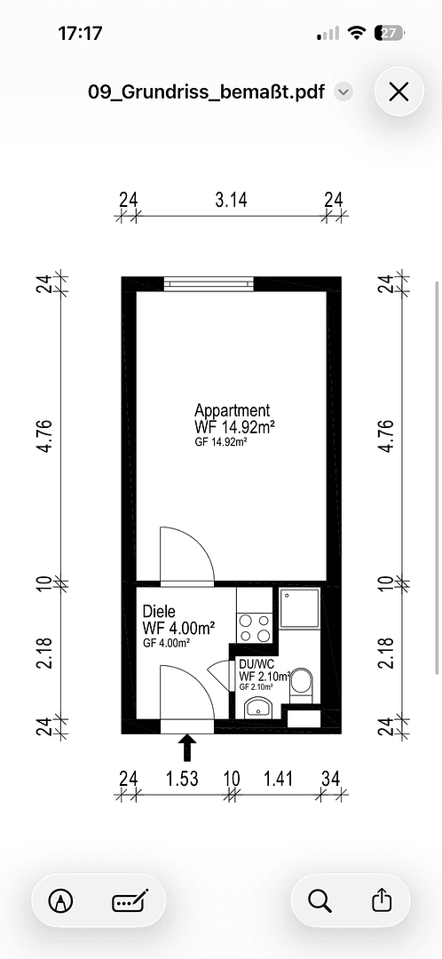 Prenájom bytu 1-izbový 21 m², Kurt Schuhmacher Straße 32, Kaiserslautern, Porýnie-Falcko Prenájom bytu 1-izbový 21 m², Kurt Schuhmacher Straße 32, Kaiserslautern, Porýnie-Falcko