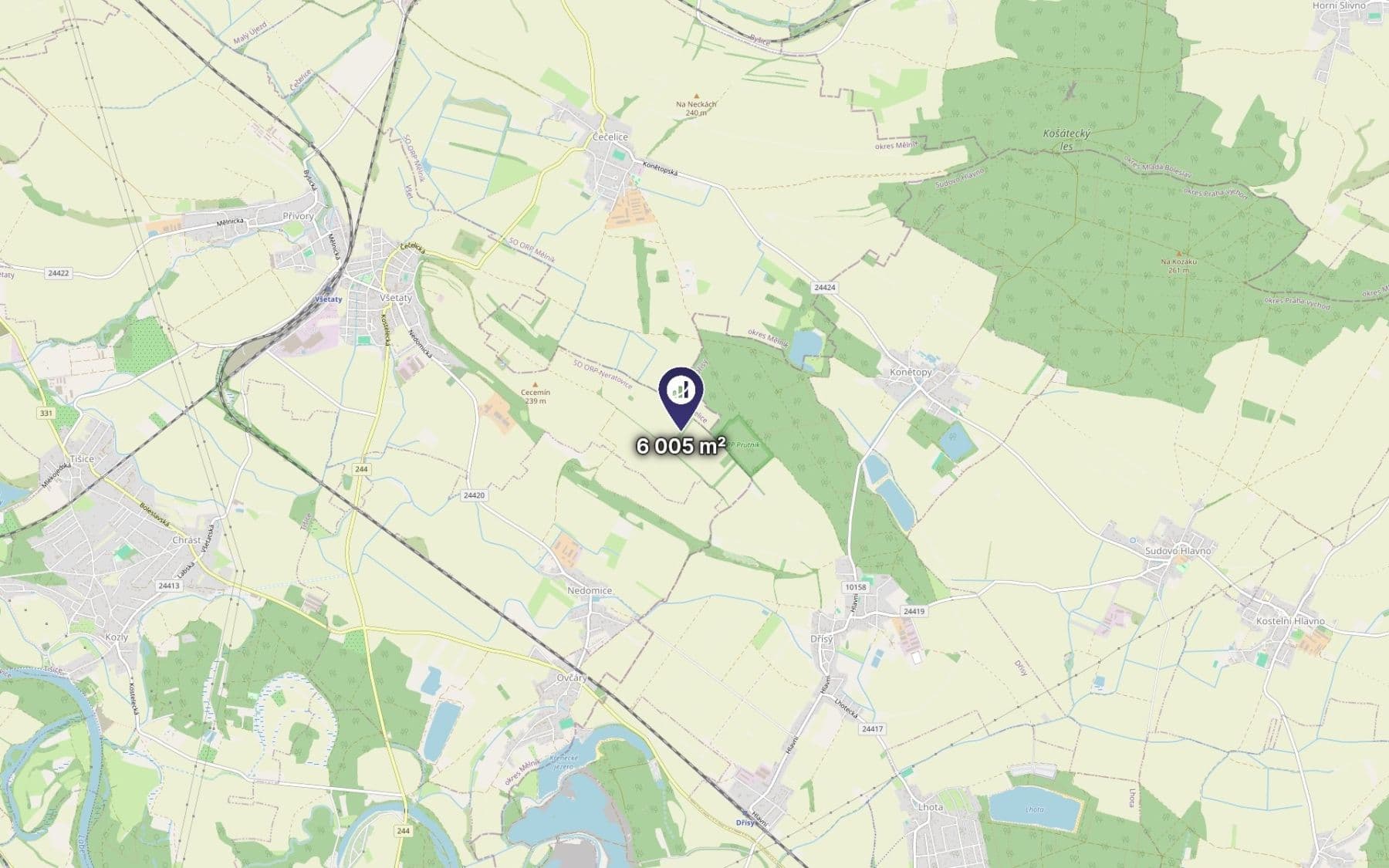 Predaj pozemku 6.005 m², Všetaty, Středočeský kraj Predaj pozemku 6.005 m², Všetaty, Středočeský kraj