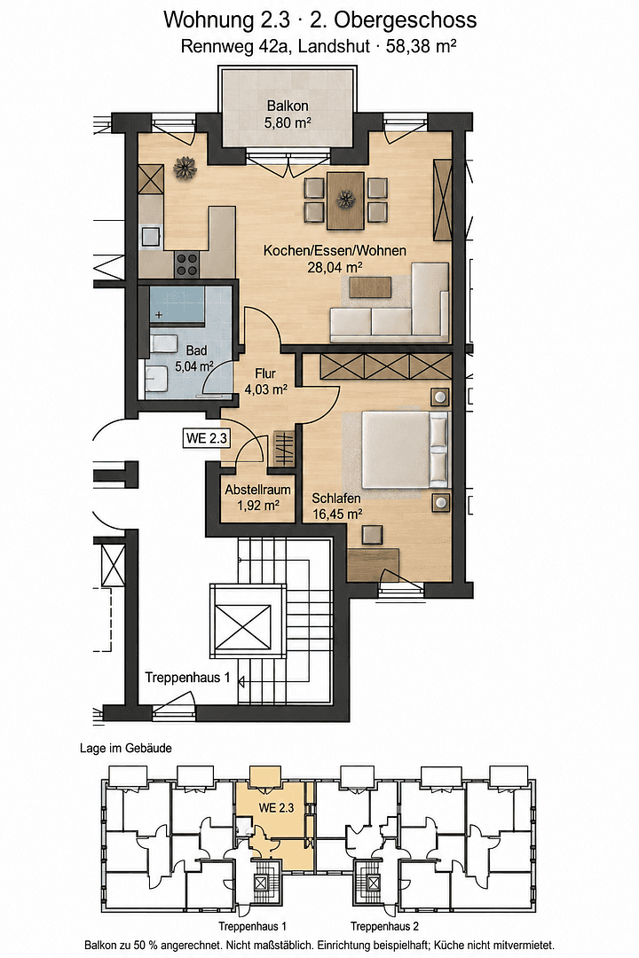 Prenájom bytu 2-izbový 59 m², Rennweg 42a, Landshut, Bavorsko Prenájom bytu 2-izbový 59 m², Rennweg 42a, Landshut, Bavorsko