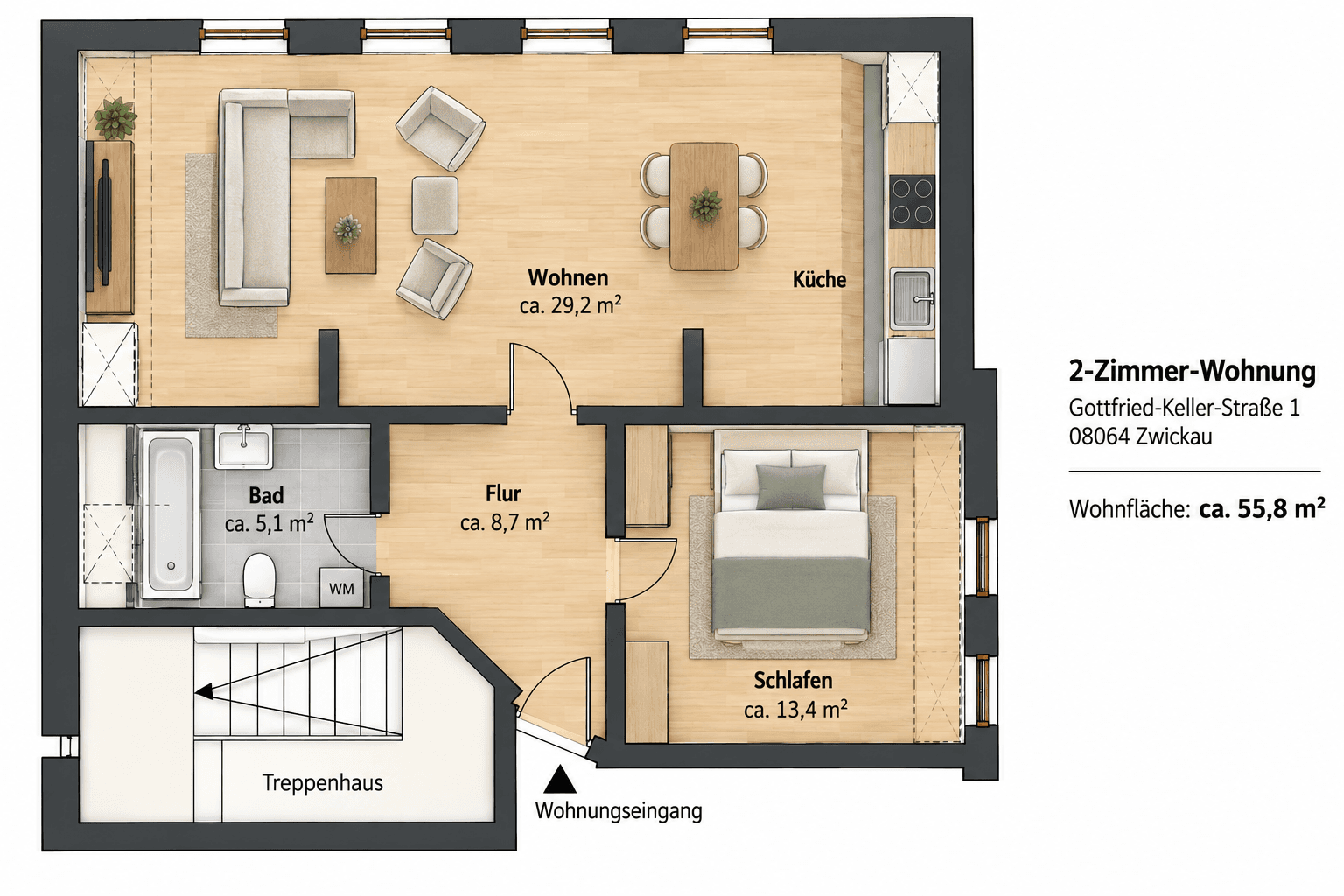 Prenájom bytu 2-izbový 56 m², Gottfried-Keller-Straße 1, Zwickau, Sasko Prenájom bytu 2-izbový 56 m², Gottfried-Keller-Straße 1, Zwickau, Sasko