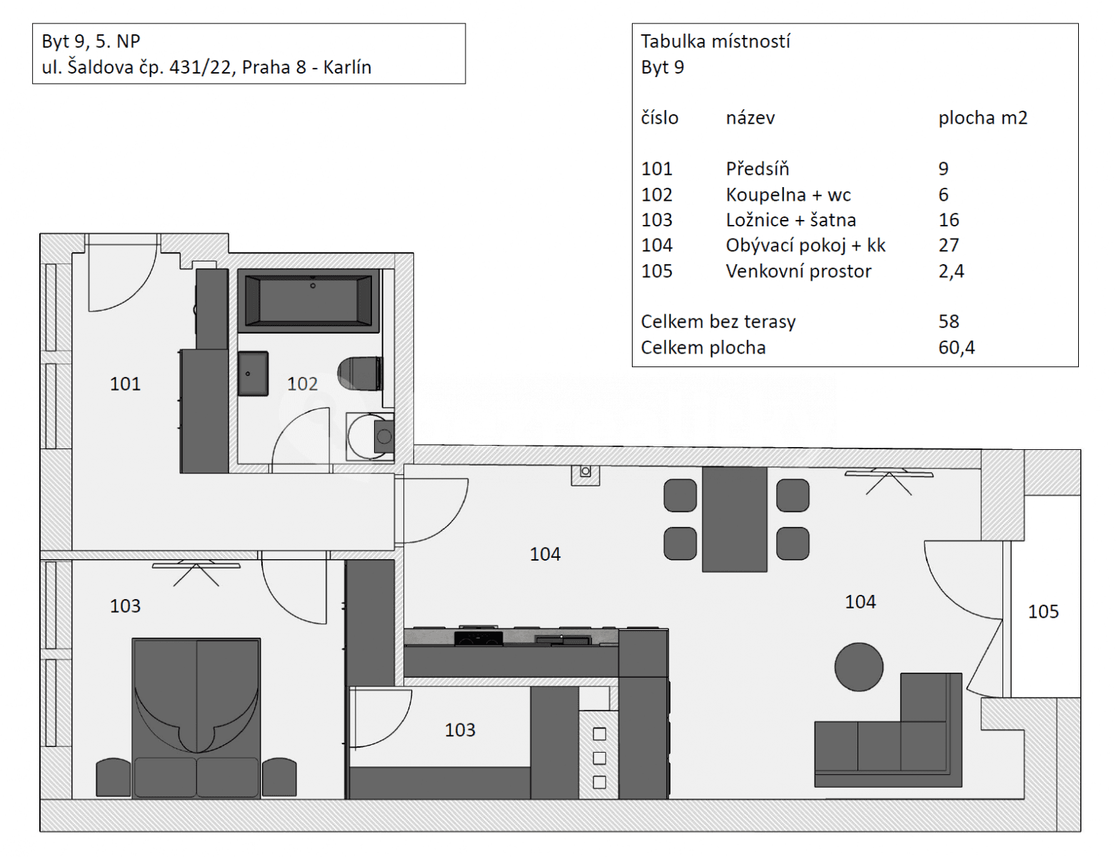 Prenájom bytu 2-izbový 61 m², Šaldova, Praha, Praha Prenájom bytu 2-izbový 61 m², Šaldova, Praha, Praha