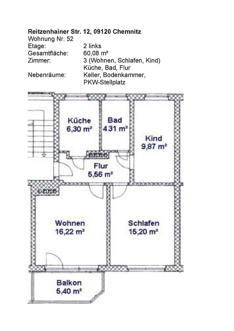 Prenájom bytu 3-izbový 61 m², Reitzenhainer Str. 12, Chemnitz, Sasko Prenájom bytu 3-izbový 61 m², Reitzenhainer Str. 12, Chemnitz, Sasko