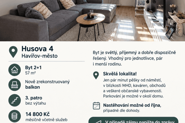 Prenájom bytu 2-izbový 57 m², Husova, SO POÚ Havířov Prenájom bytu 2-izbový 57 m², Husova, SO POÚ Havířov